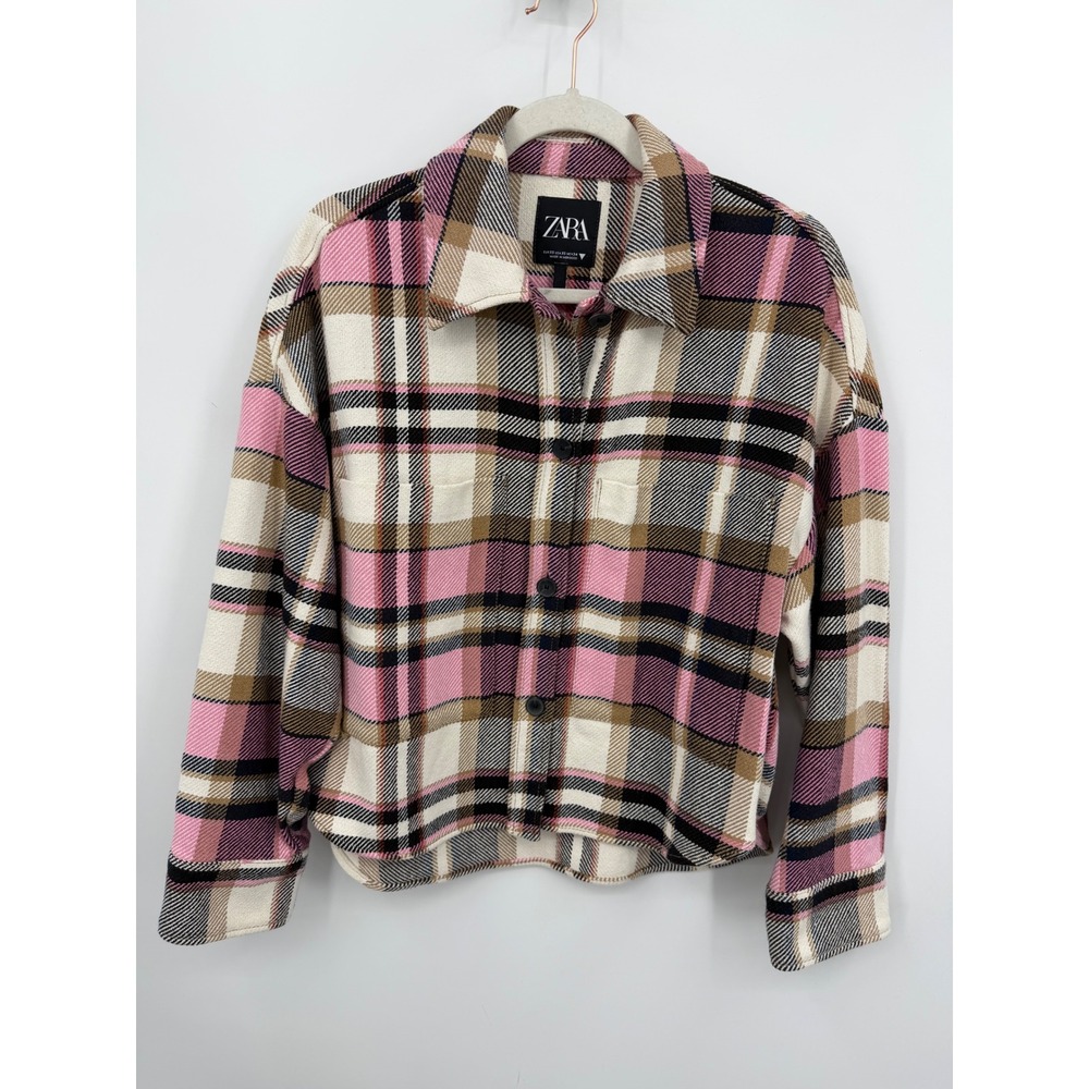 ZARA Plaid Shirt Jacket Women XS Pink Brown Checkered Button Front Shacket